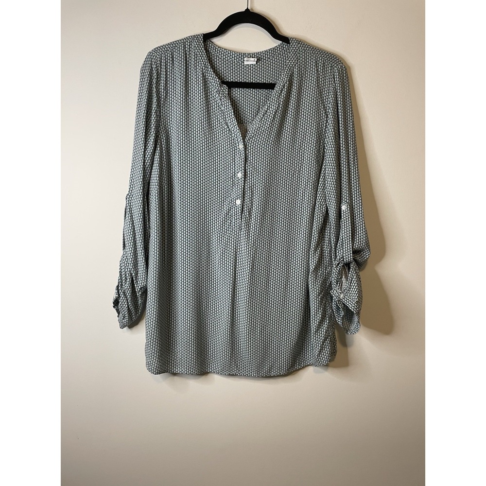 Unbranded Blouse Women 12 Gray White Geometric Long Sleeve Button Front Tunic